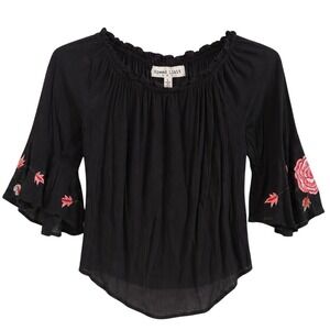 Speed Limit MPH Black Embroidered Rose Bell Sleeve Boho Blouse Top Jr. Lg